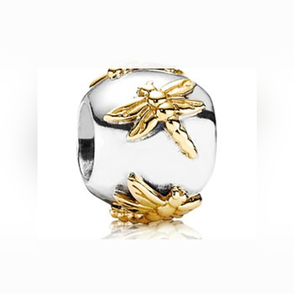 Pandora Sterling Silver & 14k Golden Dragonflies Charm #790898